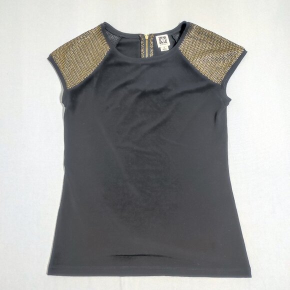 Anne Klein sleeveless blouse women's sz S black with gold decoration on shoulder - Picture 1 of 12